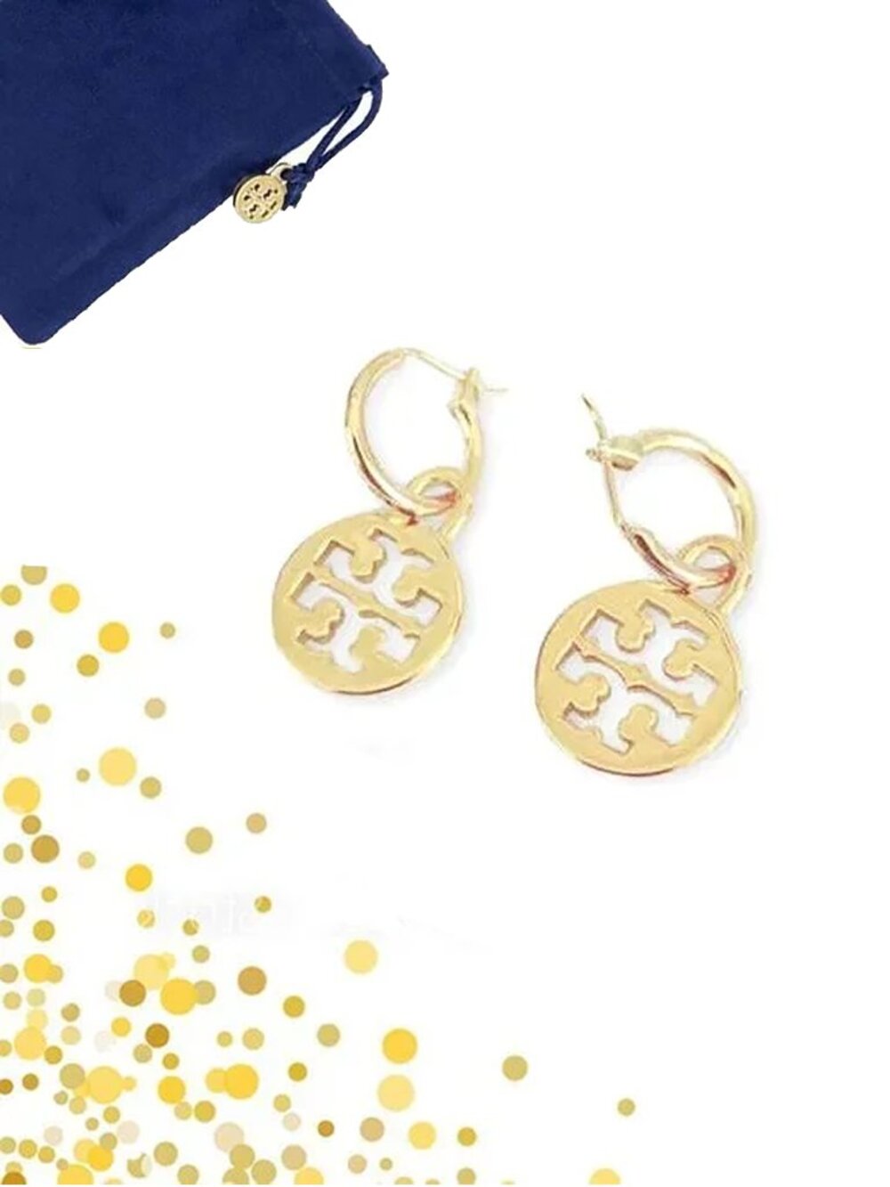 Tory Burch Logo Dangle Huggie Hoop Earrings NWOT